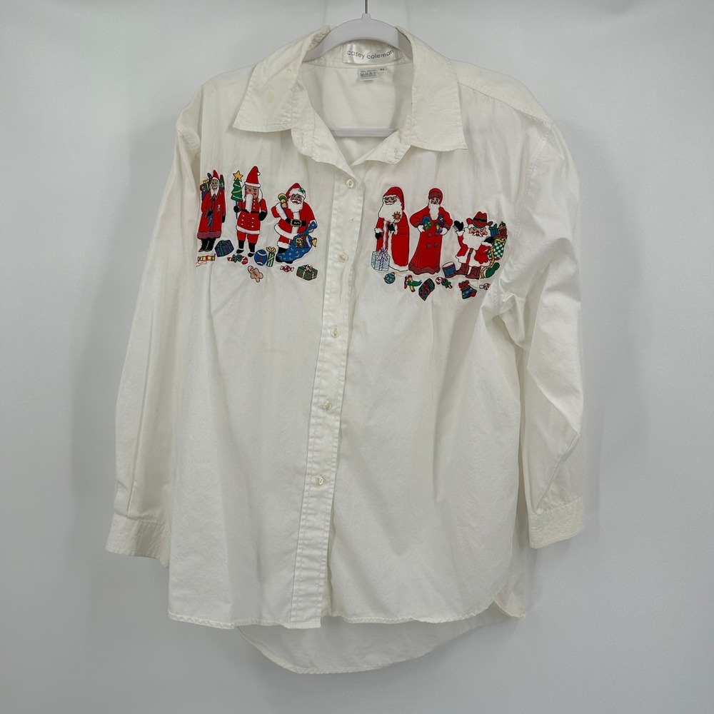 Casey Coleman Womens Festive Embroidered Santa Christmas Shirt Size XL Cotton